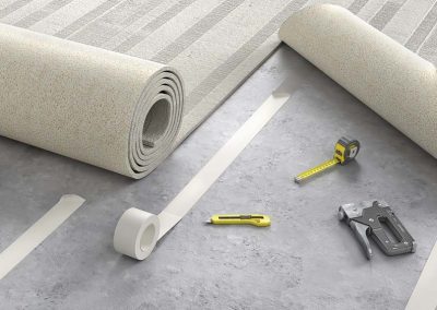 Process of laying cozy beige carpet on floor, 3d illustration